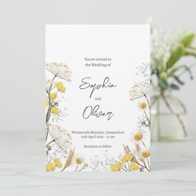 Neutral Yellow Wildflowers Boho Wedding Invitation (Standing Front)