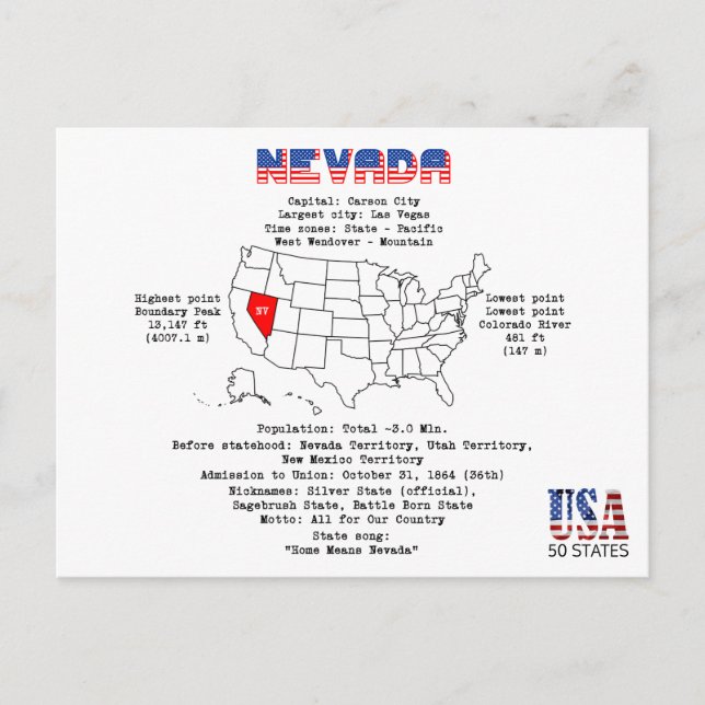 Nevada American state on a map and useful info Holiday Postcard (Front)