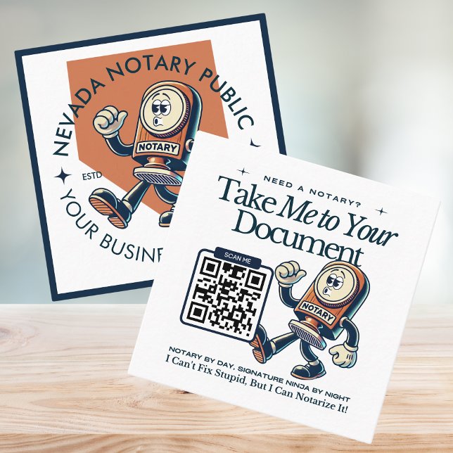 Nevada Notary Public with QR Code Fun Professional Square Business Card (Square Nevada-themed notary business card featuring a notary stamp character, state outline, and QR )