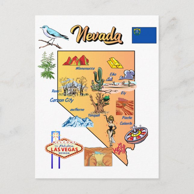 Nevada state Map with Tourist Destinations Postcard (Front)