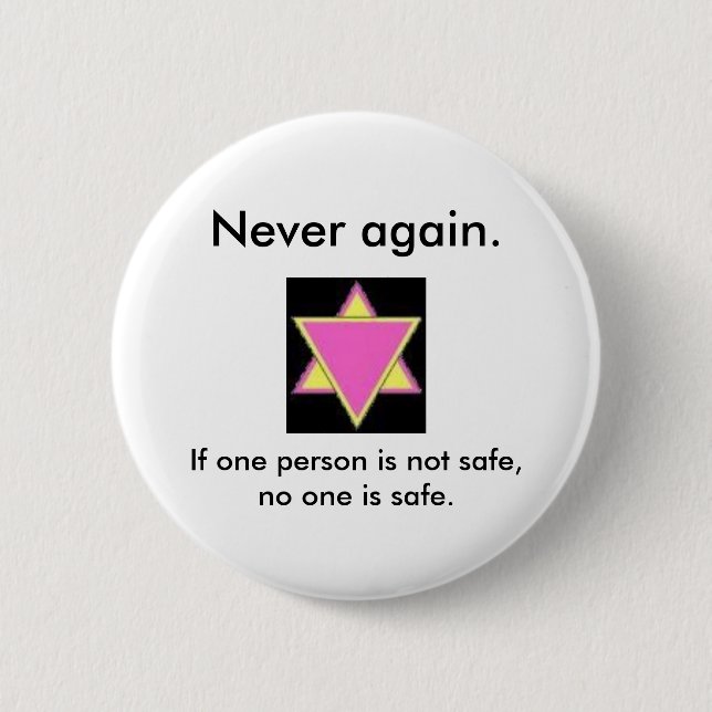 Never again. 6 cm round badge (Front)