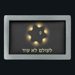 Never Again Fractal Star Of David Belt Buckle<br><div class="desc">For Yom HaShoah,  Holocaust Remembrance Day. A black and yellow fractal image recalling the yellow "Star of David" which the Nazis required Jews to wear during the Holocaust. Hebrew text reading,  "Le Olam Lo Od" (Never Again) also appears. Never forget; never let it happen again.</div>
