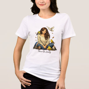 Never Be Lonely – Cute Girl Surrounded by Birds Tri-Blend Shirt