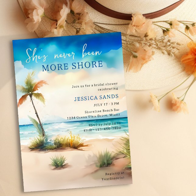 Never Been More Shore Ocean Beach Bridal Shower Invitation (Fun Summer Beach Bridal Shower Invitation with watercolor ocean shore)