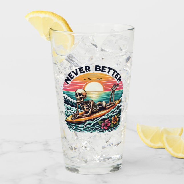 Never Better - Skeleton Surfing Sunset Wave Design Glass (Front Ice)