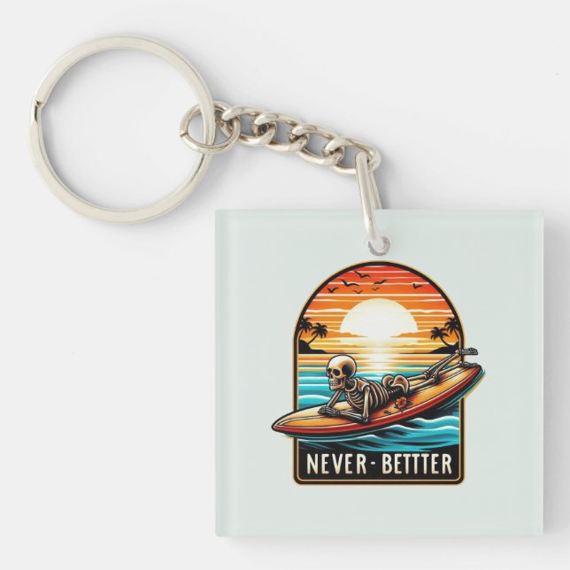 Never Better - Skeleton Surfing Sunset Wave Key Ring (Front)