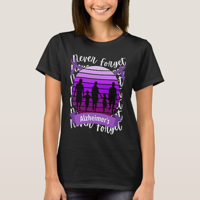 Never Forget Alzheimer's Awareness Retro Purple Fa T-Shirt (Front)