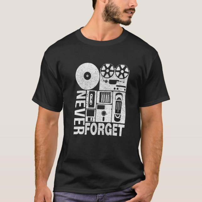 Never Forget Floppy Disc Video Cassette Tapes Geek T-Shirt (Front)
