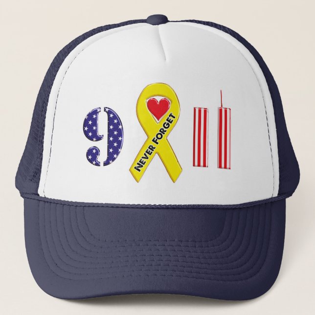 Never Forget September 11 Yellow Ribbon Trucker Hat (Front)