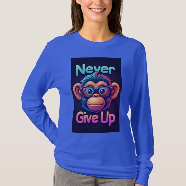 Never Give Up Colourful Cartoon Monkey T-Shirt (Front)