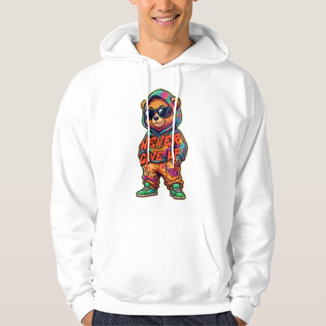Never Give Up Cool Bear Design Hoodie (Front)