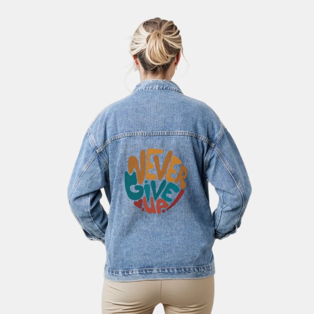 Never Give Up - Cute Motivational Message Denim Jacket (Model)