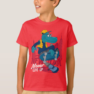 Never Give Up! Dinosaur Skateboarding Graphic T-Shirt