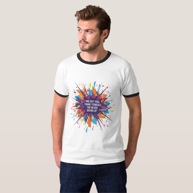 "Never Give Up - Exploding Motivation T-Shirt" T-Shirt (Front Full)