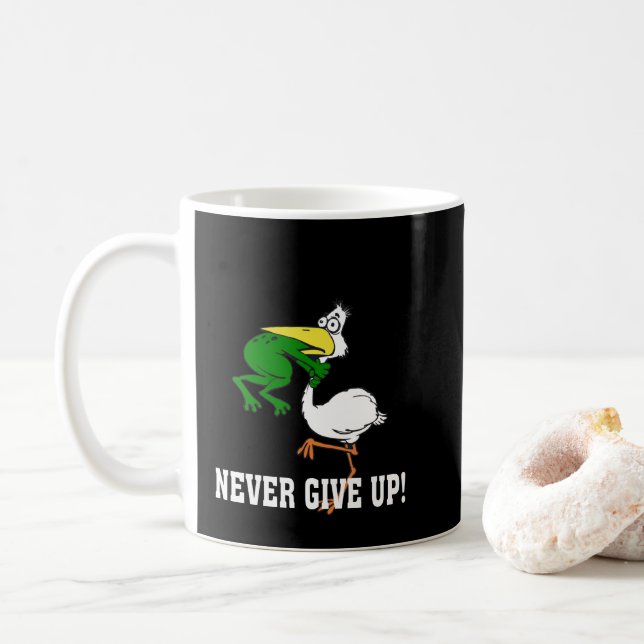 Never Give Up Frog Choking Bird Coffee Mug (With Donut)