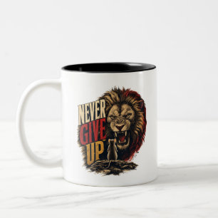 Never Give Up Motivational Mouse Vs Lion Illustrat Two-Tone Coffee Mug