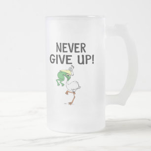 Never Give Up Motivational Pelican and Frog Frosted Glass Beer Mug