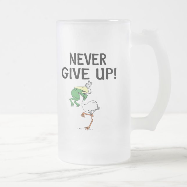 Never Give Up Motivational Pelican and Frog Frosted Glass Beer Mug (Right)