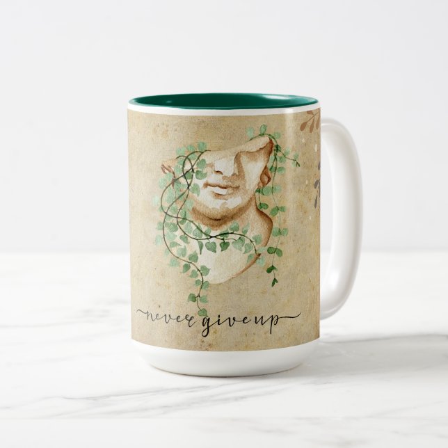 "Never give up" Two-Tone Coffee Mug (Front Right)