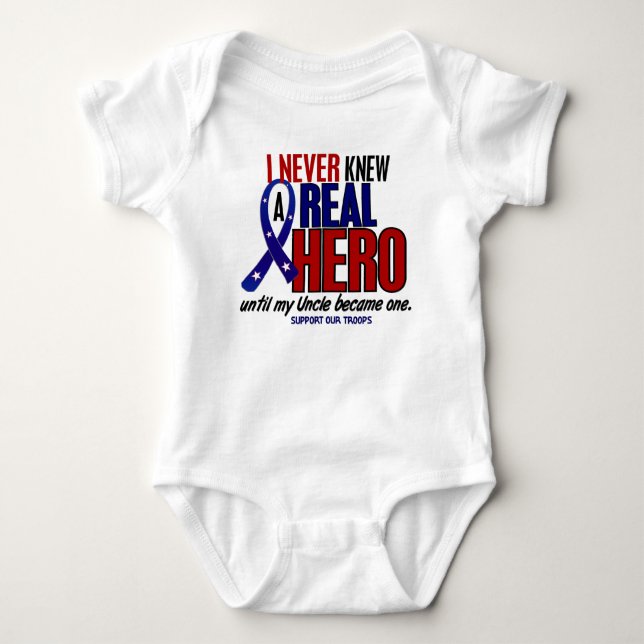 Never Knew A Hero 2 Uncle (Support Our Troops) Baby Bodysuit (Front)