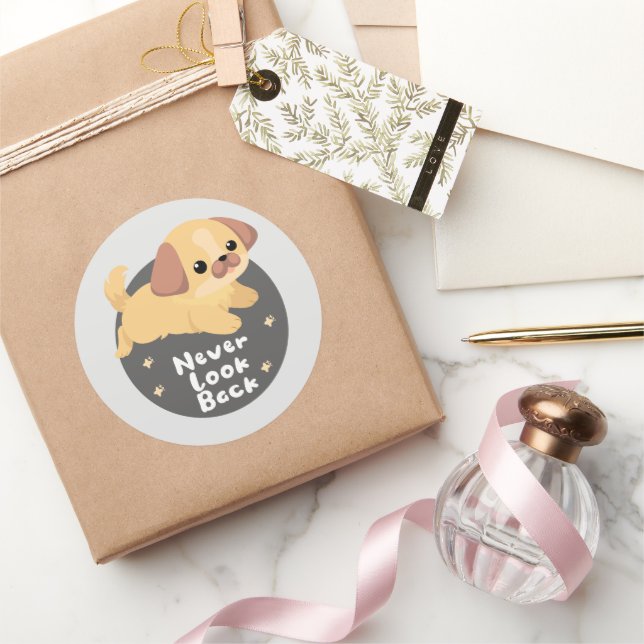 Never lock back Kawaii funny happy dog jumping Classic Round Sticker (Gifting)
