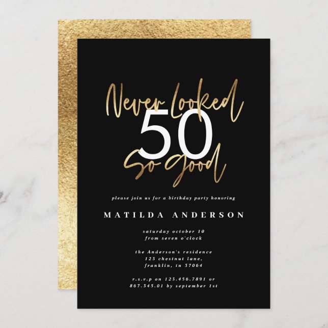never looked so good gold birthday invitation (Front/Back)