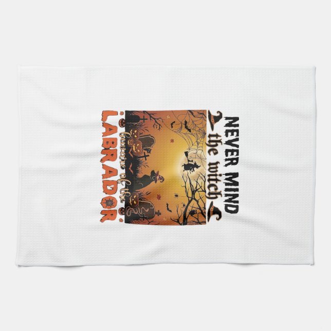 Never Mind Witch Beware Labrador Halloween Dog Pum Tea Towel (Horizontal)