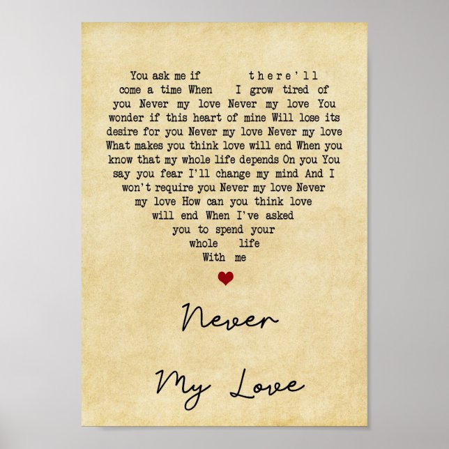 Never My Love Vintage Heart Song Lyric Print (Front)