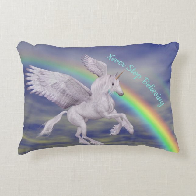 Never Stop Believing Flying Unicorn Over Rainbow  Decorative Cushion (Front)