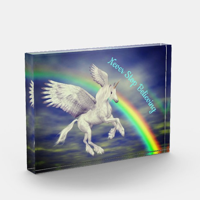 Never Stop Believing Flying Unicorn Over Rainbow  Photo Block (Left)