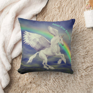 Never Stop Believing Unicorn Rainbow Inspirational Cushion
