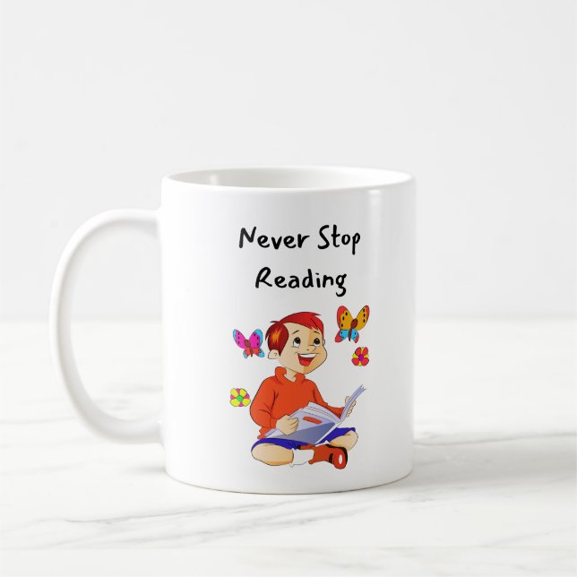 Never Stop Reading Coffee Mug (Left)
