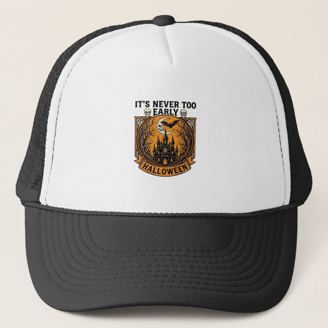 Never Too Early Halloween Haunted House Moon Bat_1 Trucker Hat (Front)