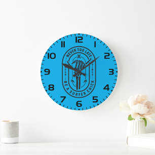 Never Too Late Skeleton Surfer Chick Ocean Vibes  Large Clock
