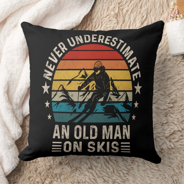 Never Underestimate An Old Man On Skis Retro Cushion (Blanket)