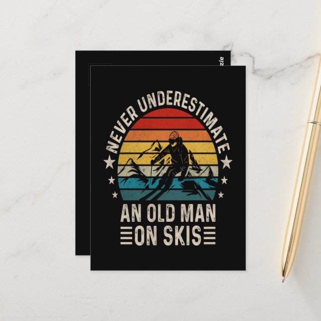 Never Underestimate An Old Man On Skis Retro  Postcard (Front/Back In Situ)