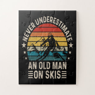 Never Underestimate An Old Man On Skis Retro Sunse Jigsaw Puzzle