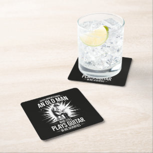Never Underestimate an Old Man Plays Guitar Square Paper Coaster