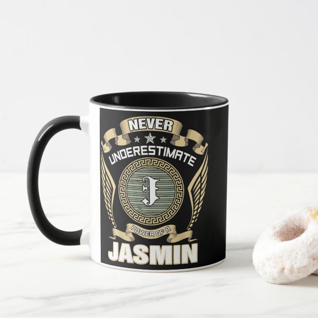 NEVER_UNDERESTIMATE_POWER_OF_A_JASMIN MUG (With Donut)