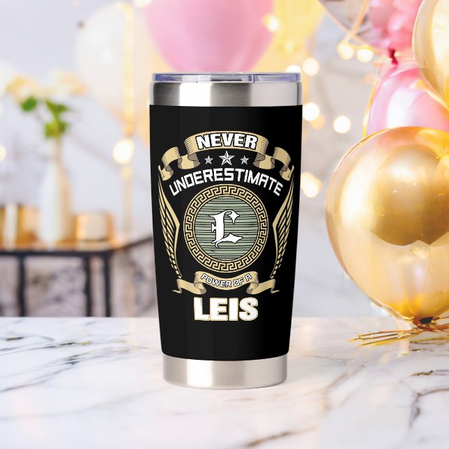 NEVER_UNDERESTIMATE_POWER_OF_A_LEIS INSULATED TUMBLER (Bachelor Party (Rotated))