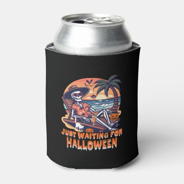 Never Waiting for Halloween Skeleton Can Cooler (Can Front)