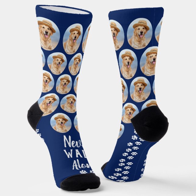 Never Walk Alone Paw Prints Custom Pet Photo Dog Socks (Angled)