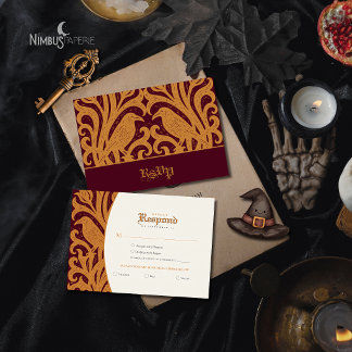 Nevermore Damask | Burgundy Gothic Halloween RSVP Card