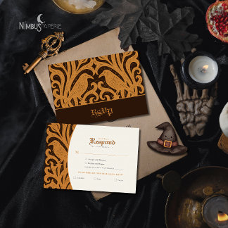 Nevermore Damask | Dark Brown Gothic Halloween RSVP Card