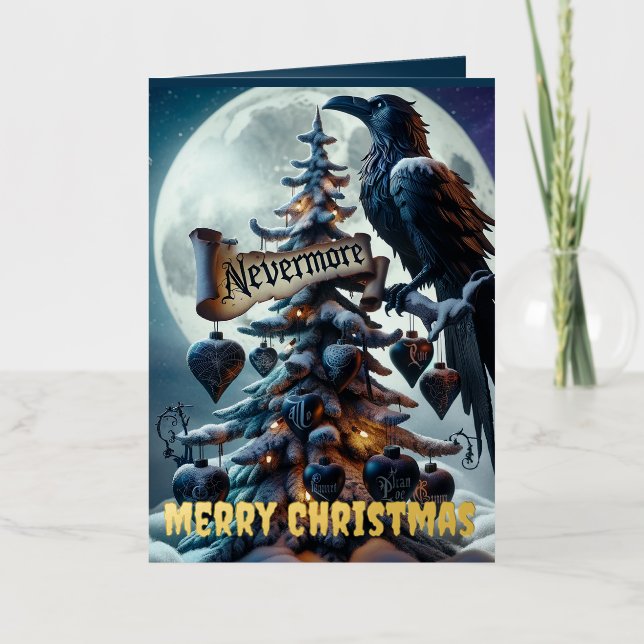 Nevermore Gothic Christmas Tree With Hearts Raven Foil Greeting Card (Front)
