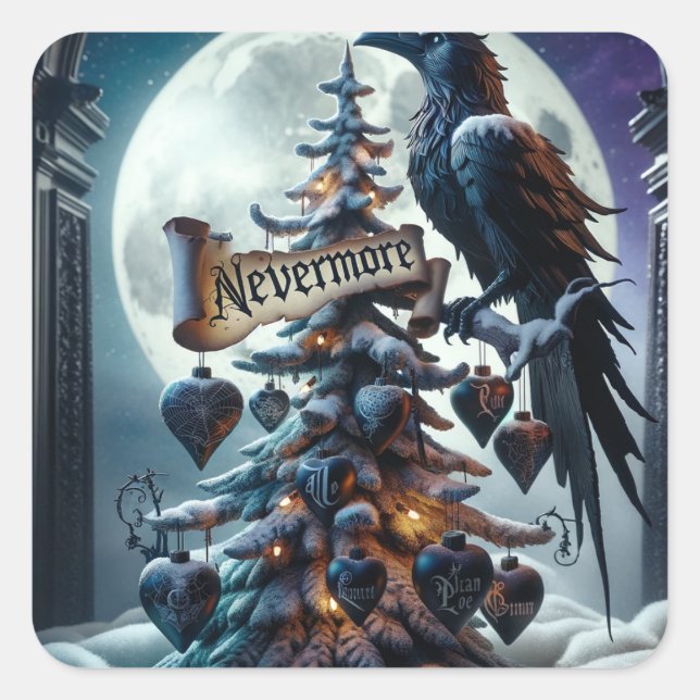 Nevermore Gothic Christmas Tree With Hearts Raven Square Sticker (Front)