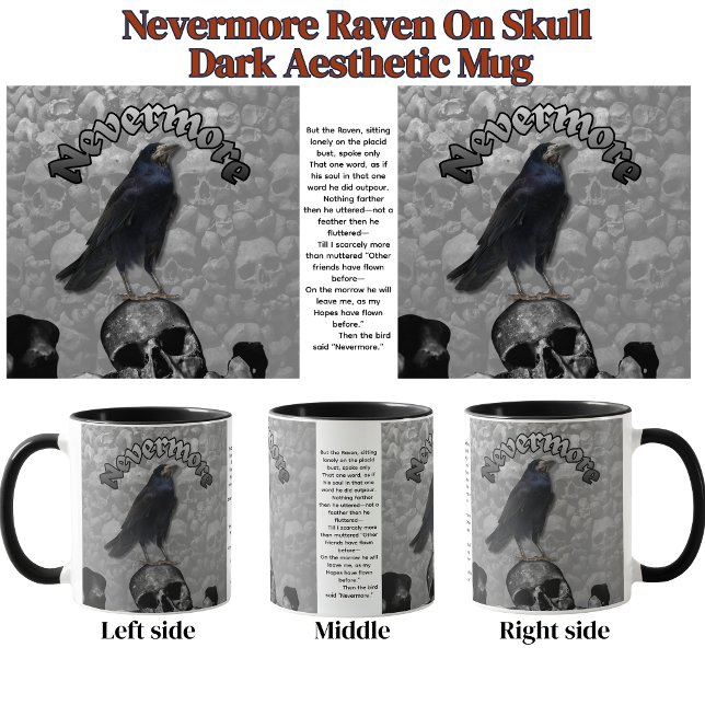Nevermore Raven On Skull Macabre Dark Aesthetic  Mug (Nevermore Raven and Skull Mug with stanza from "The Raven.")