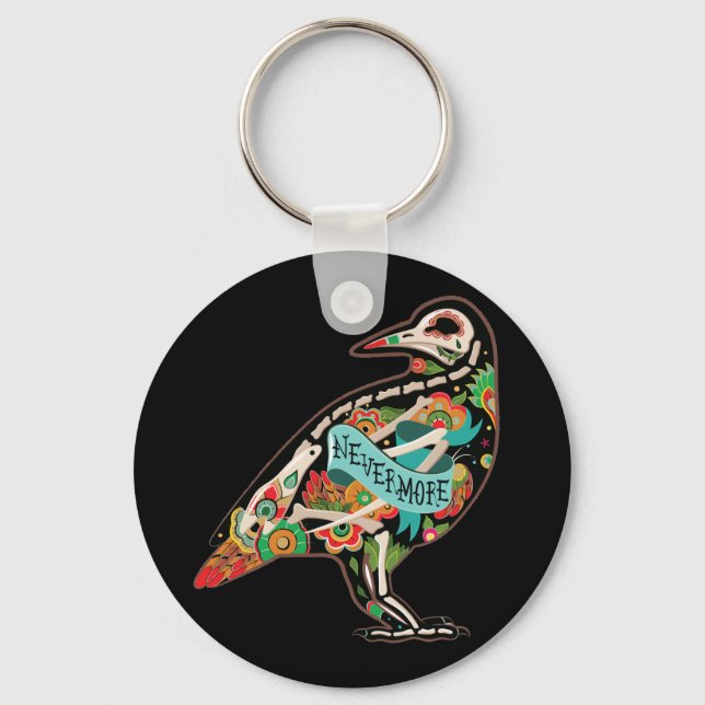 Nevermore Sugar Skull Raven Button Keychain (Front)