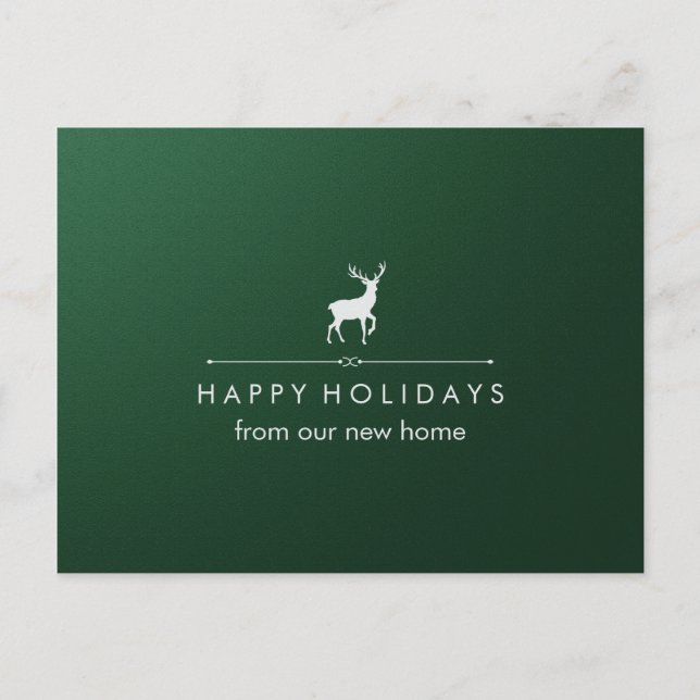 New Address at Christmas Green and Silver Reindeer Holiday Postcard (Front)