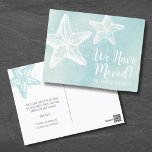 New Address Beach Moving Announcement Card<br><div class="desc">A stunning moving announcement card. Let your friends and family know that 'we have moved' and have a change of address. Cute and simple modern beach themed print. A teal blue watercolor background with white starfish straight from the ocean! You can of course change all of the text and font...</div>